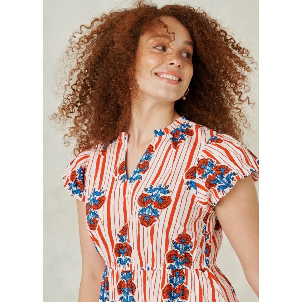 J.Crew Willa Dress Red White Blue Striped Floral Flutter Sleeve Mini Size 12